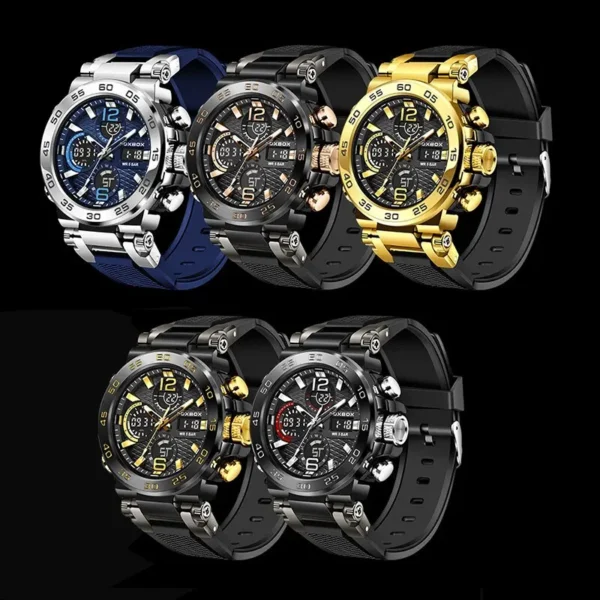 Four men's analog wristwatches in different colors.