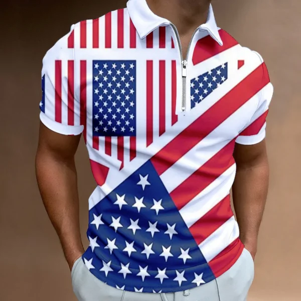 Fashion Men's Clothes Polo Shirts Street American Flag Print Casual Short Sleeve Tee Shirt Men Turn-Down Collar Zipper Polo Tops