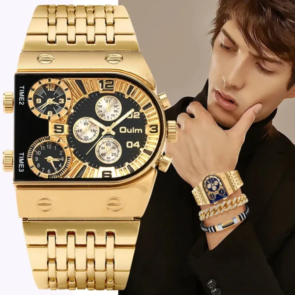 Gold men's analog wristwatch with black face.