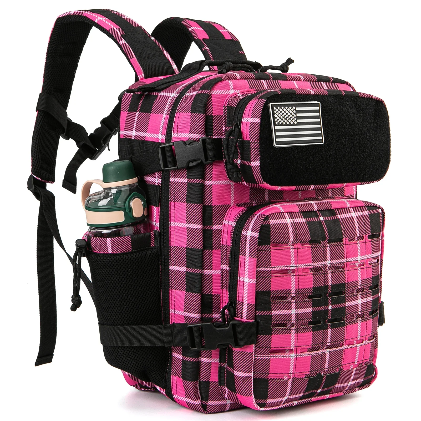 Pink and black plaid backpack with water bottle holder.