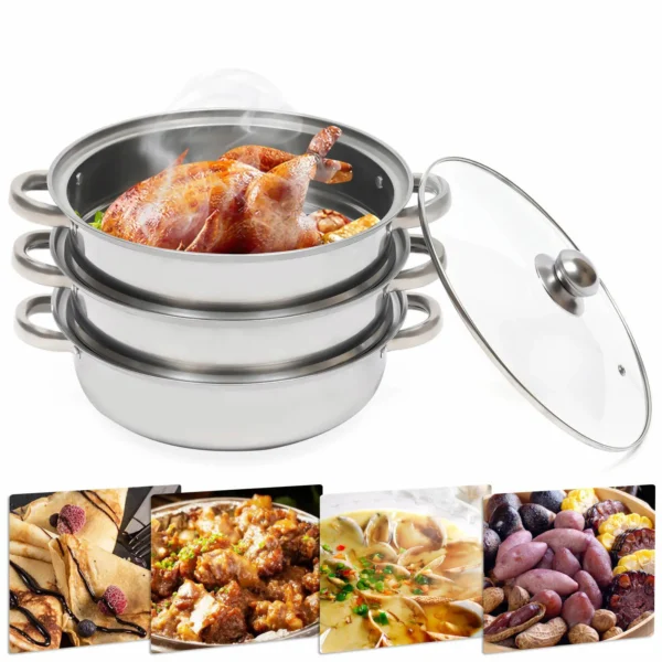 Stainless steel steamer with glass lid.