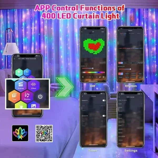 400LEDs Smart Curtain Lights Bluetooth App LED String RGB Fairy Lights DIY Music Change Display for Window Bedroom Decoration - Image 4