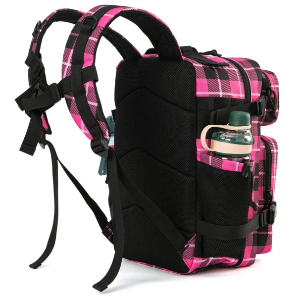 Pink plaid backpack with water bottle holder.