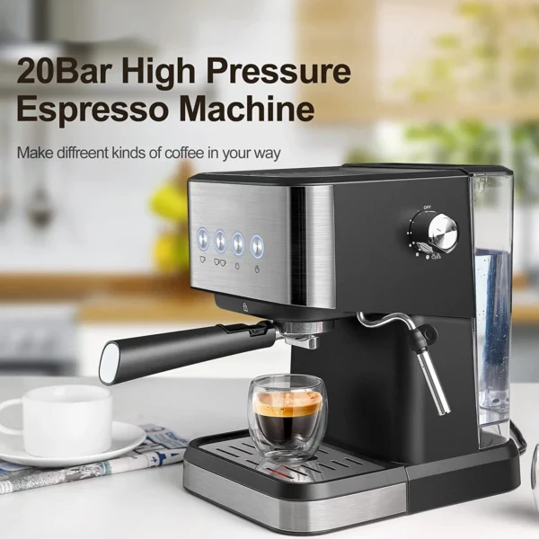 Black and silver espresso machine making coffee.