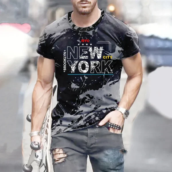 Men's New York Letter 3D Digital Printed T-shirt, Comfortable and Informal Downgraded Short Sleeved T-shirt, Summer Oversized Ca