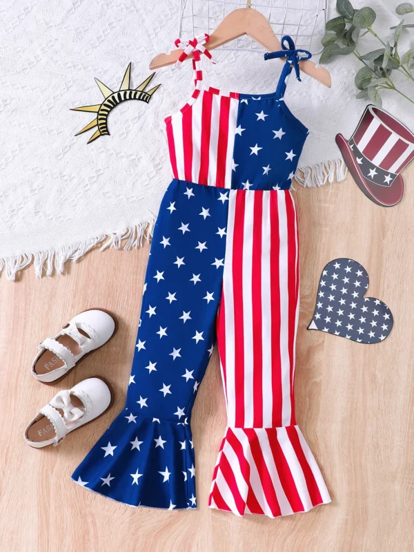 Girls' Summer New Children's Pants Spliced Suspender Jumpsuits, American Independence Day Pentagram Red Striped Flared Pants