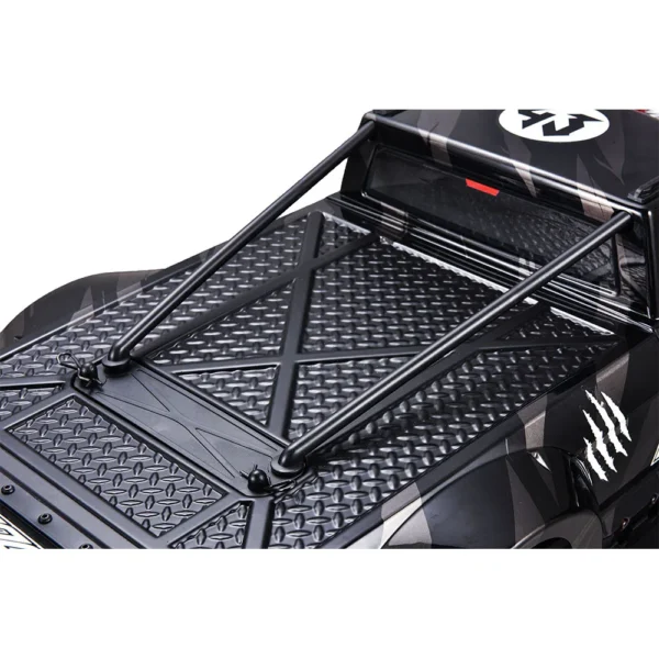 Black truck bed with roll cage.