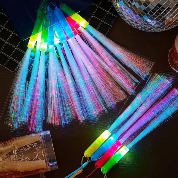 Multicolored fiber optic light sticks.