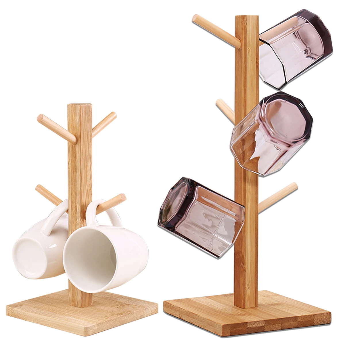 Wooden mug and glass drying rack.