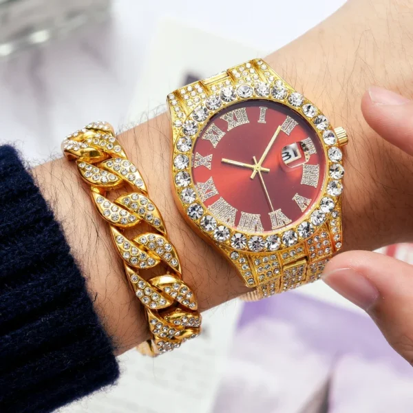 Gold watch and chain with diamonds.