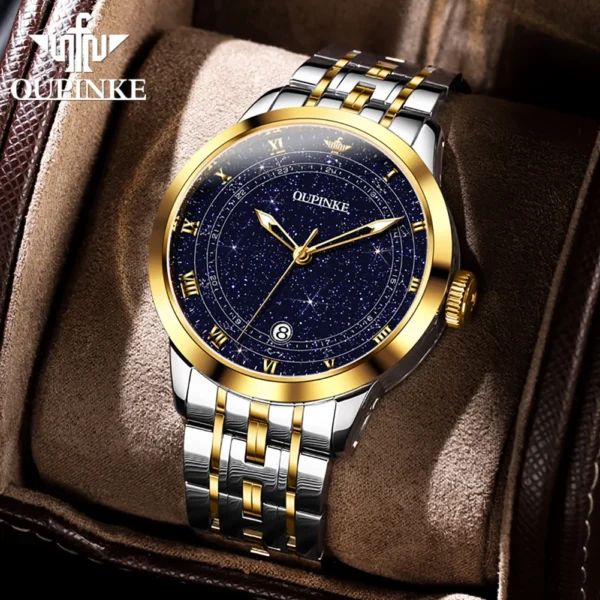 Gold and silver wristwatch with starry dial.