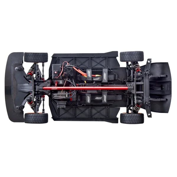 Black RC car chassis underside view.