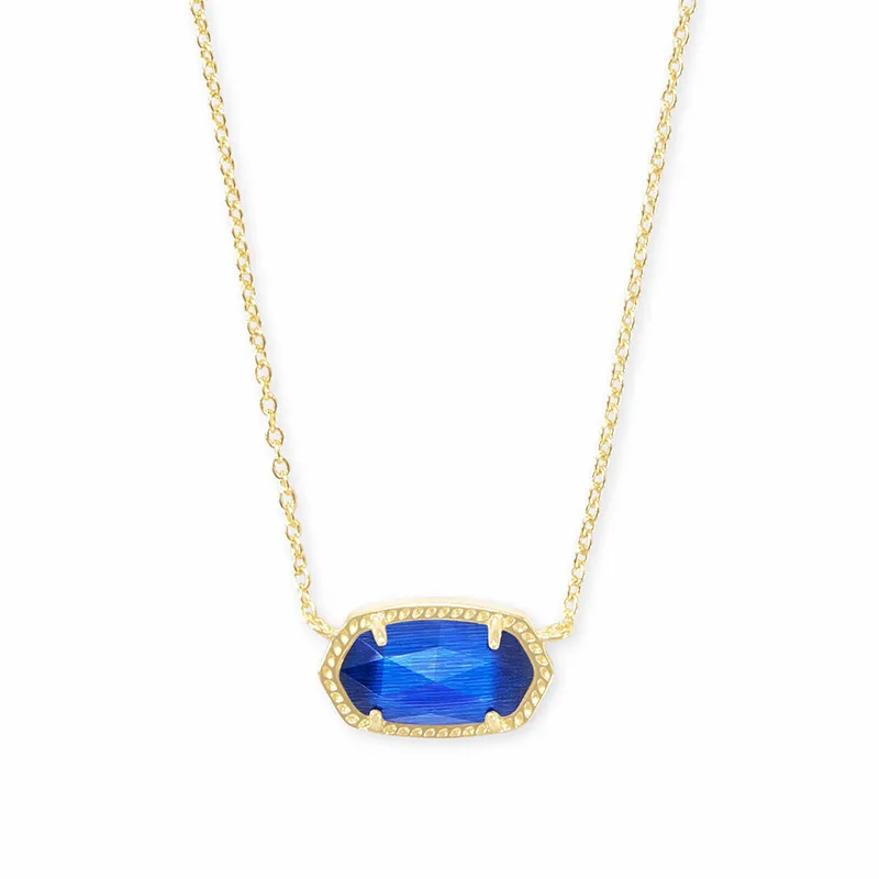 Gold chain with blue gemstone pendant.