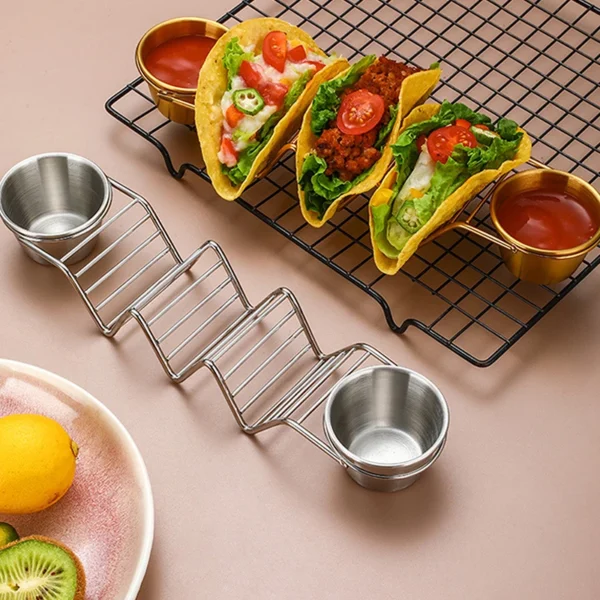 Taco holders with dipping bowls.