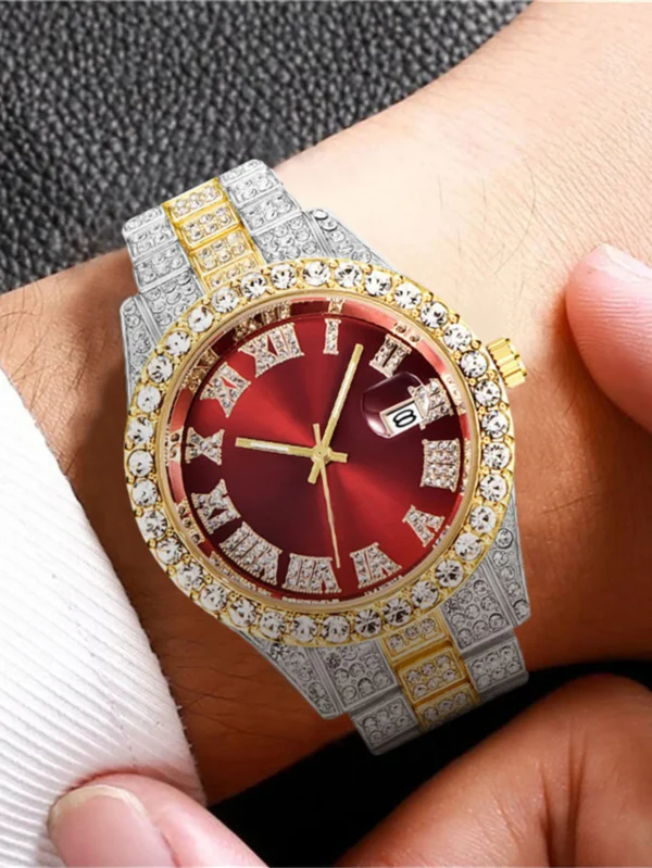 Diamond encrusted wristwatch with red face.