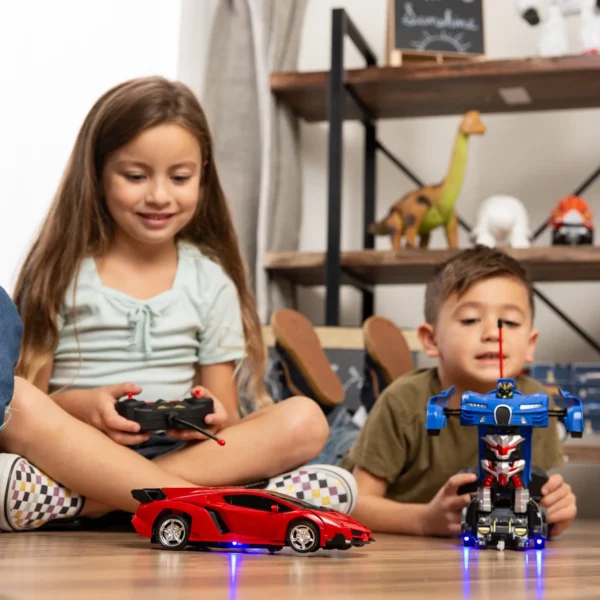 Two kids playing with remote control cars.