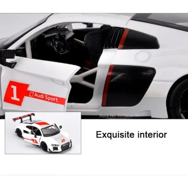 White Audi R8 race car model with red accents.