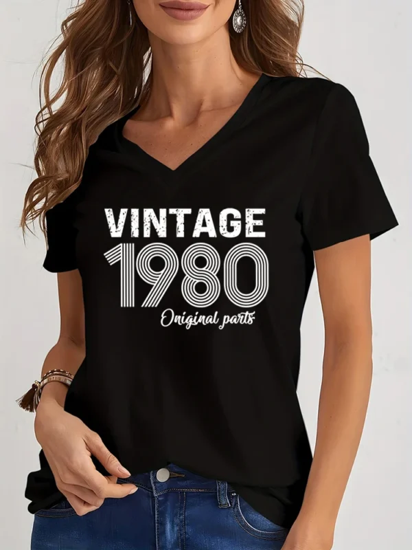 40th Birthday T-Shirt for Women Vintage 1984 Shirt Summer Short Sleeve Tshirt Casual V Neck Harajuku Fashion WomenTee Streetwear - Image 2