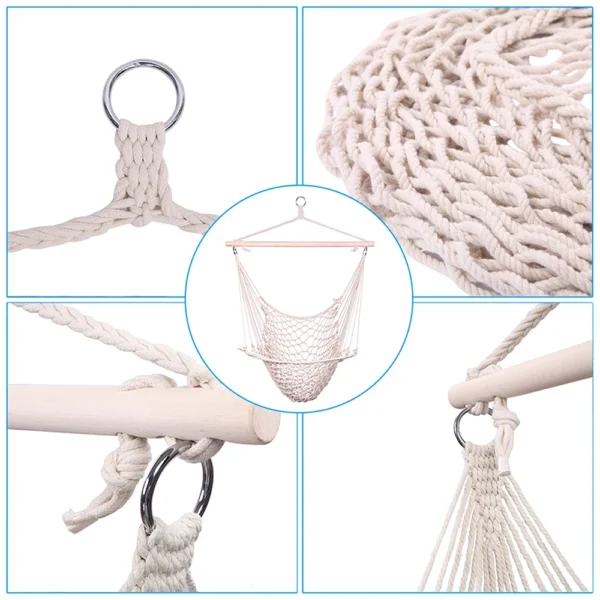 White cotton rope hammock with wooden spreader bar.