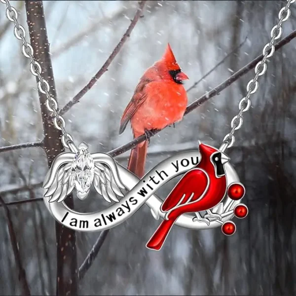 Silver infinity necklace with cardinals and "I am always with you" inscription.