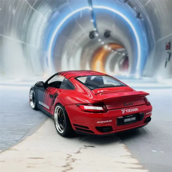 Red Porsche 911 Turbo in tunnel.