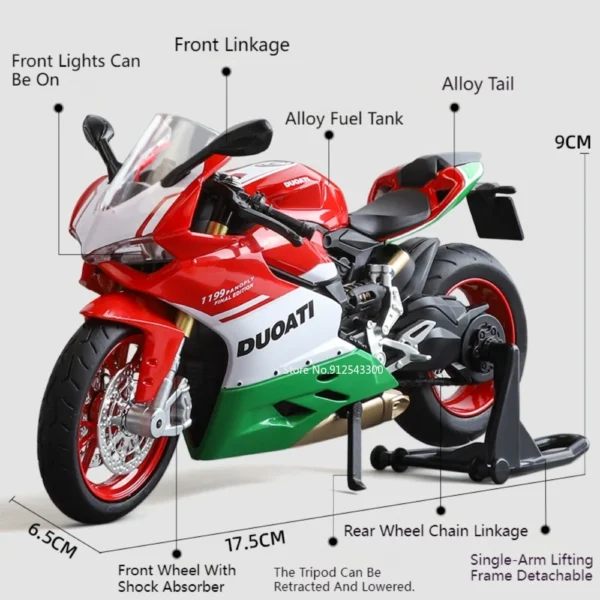 1/12 1199 Racing Motorcycle Model Car Toy Alloy Body Steerable Shock Absorption Front Wheels Sound Light Motorbike Model For Boy - Image 2