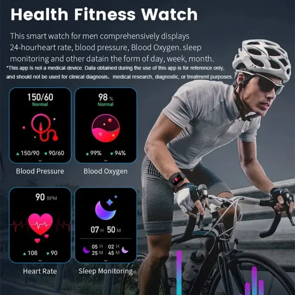 Man cycling with smart watch displaying health data.