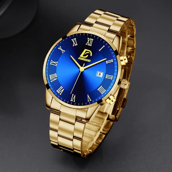 Gold watch with blue face and Roman numerals.