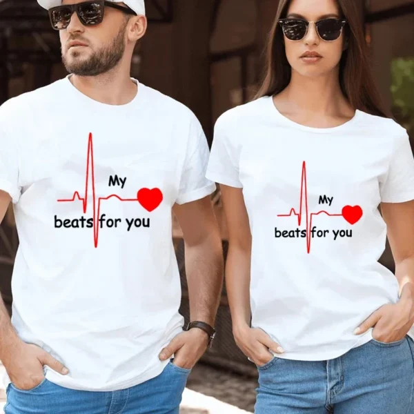 Summer Couple Heart Beats for You Print T Shirt Causal Women Man Tee Shirt Couples T Shirts O Neck Tops Harajuku Lovers Clothing