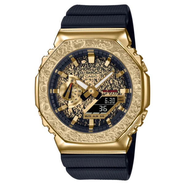 Gold G-Shock watch with black band.