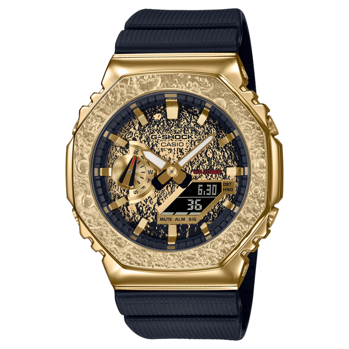 Gold G-Shock watch with black band.