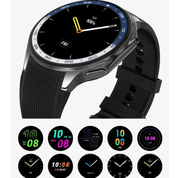 Black smartwatch with circular face and black band.