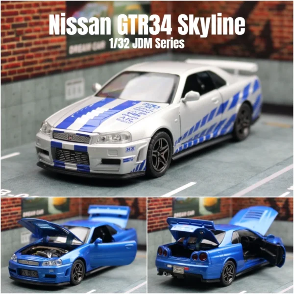 1/32 Nissan GTR34 Skyline GTR Toy Car Model Diecast Racing Miniature Model Sound & Light Pull Back Collection Gift Children Boy