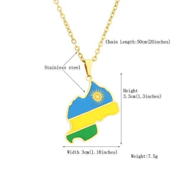 Gold Rwanda map necklace on chain.