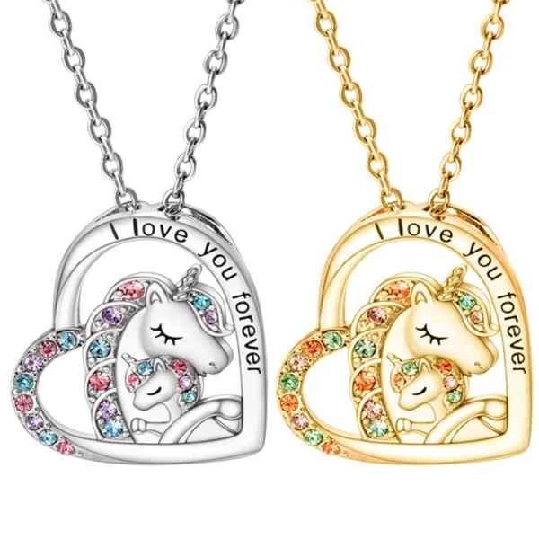 Silver and gold "I love you forever" unicorn necklaces.