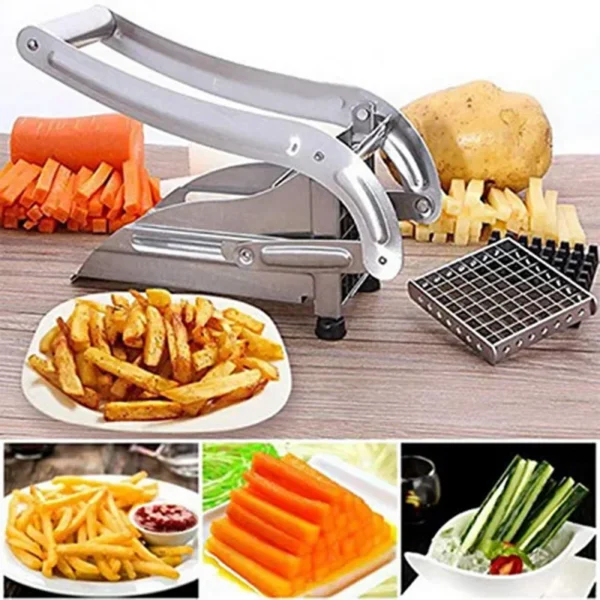 Stainless steel french fry cutter and fries.