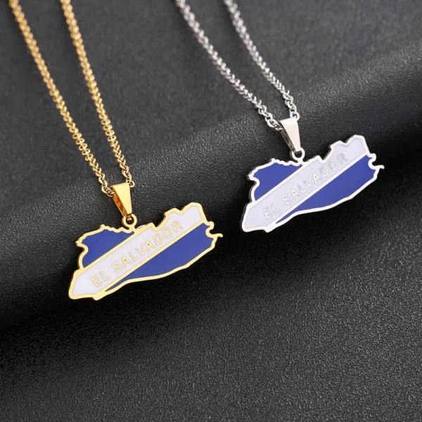 Gold and silver El Salvador map necklaces.