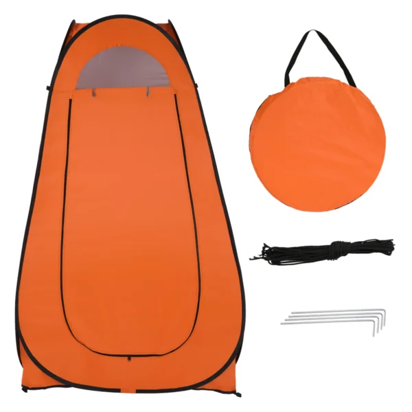 Orange pop-up tent with carrying bag and poles.