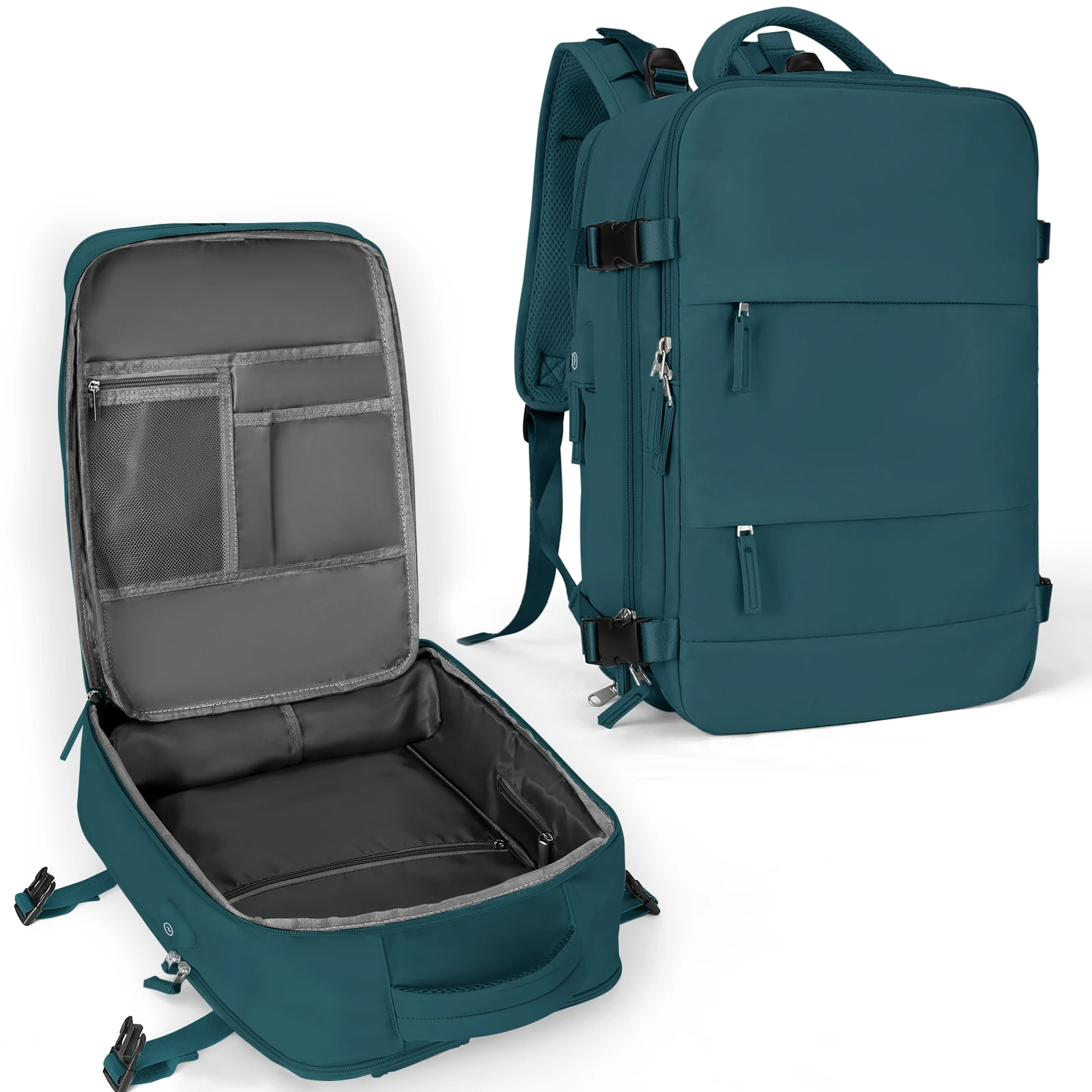 Teal travel backpack with multiple pockets.