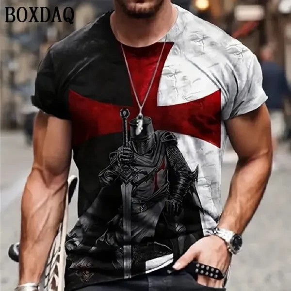 Vintage Men's T-Shirts Short Sleeve 3d Crusader Printed Loose Oversized T Shirt Street Casual Top Tees High Quality Men Clothing - Image 2