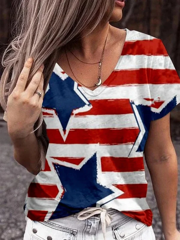 American Flag 3d Print T-shirt Women Fashion V-Neck T shirts Short Sleeve Tops Tees Loose Casual Tees Vintage Camisetas USA Flag - Image 5