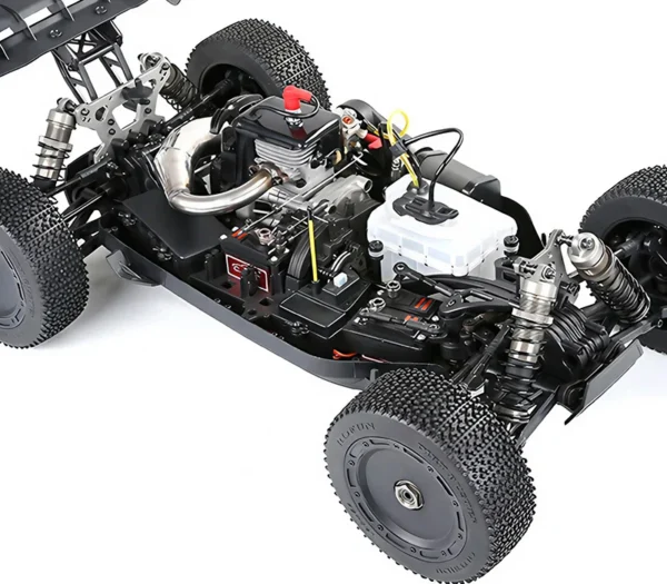 Black RC car with engine exposed.