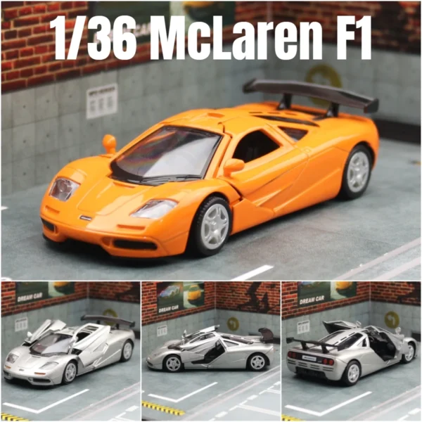 Orange and silver 1/36 scale McLaren F1 model cars.