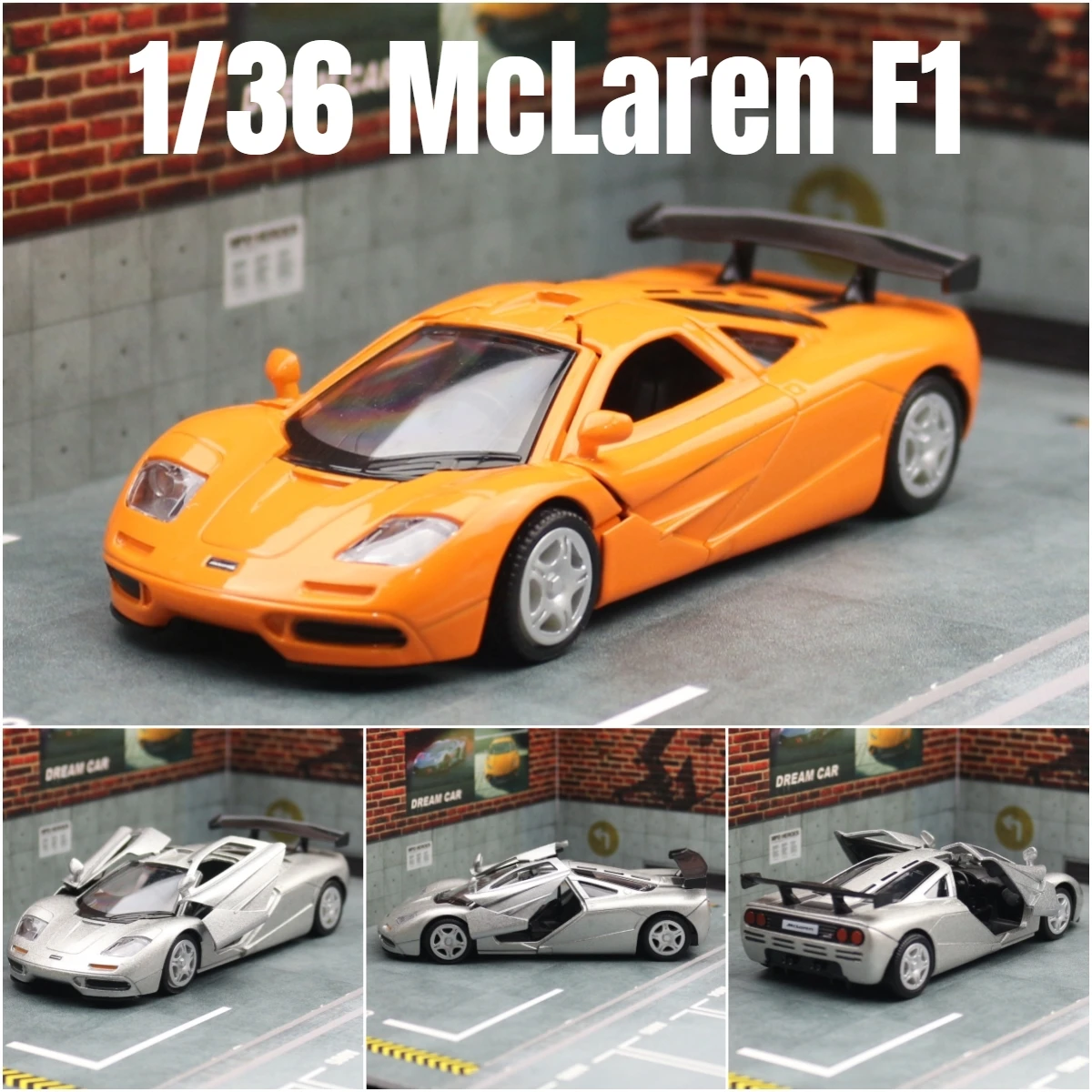 Orange and silver 1/36 scale McLaren F1 model cars.