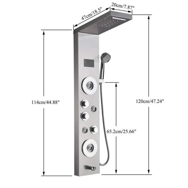 Stainless steel shower panel with multiple spray settings.