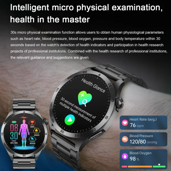 Smartwatch with heart rate, blood pressure, and oxygen readings.