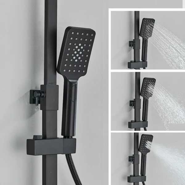 Black shower head with adjustable arm.