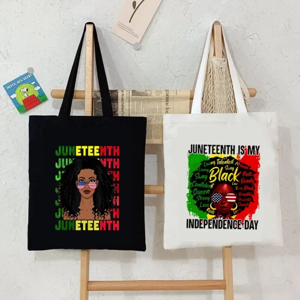 "Juneteenth Is My Independence Day" Women's Canvas Tote Bag Black Girl Cartoon Shopping Bag Black History Culture Shoulder Bag