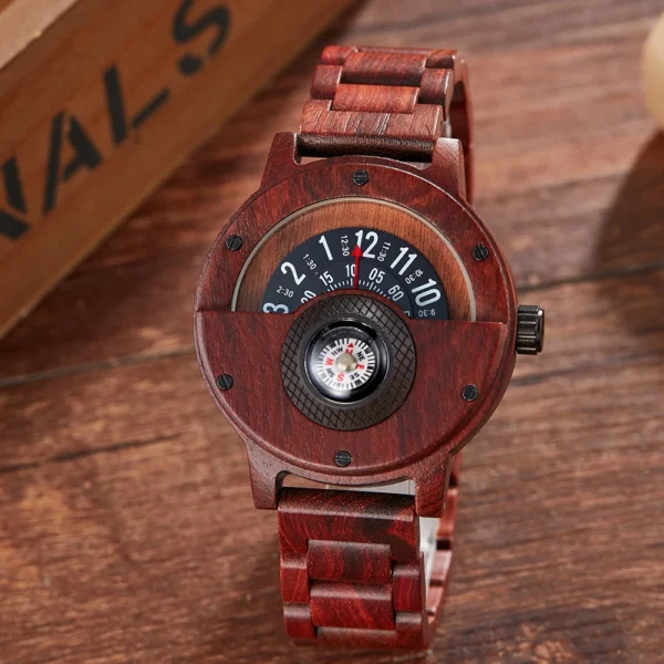 Wooden wristwatch with compass face.