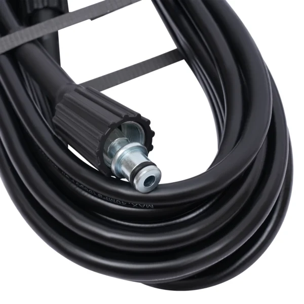 Black pressure washer hose with connector.